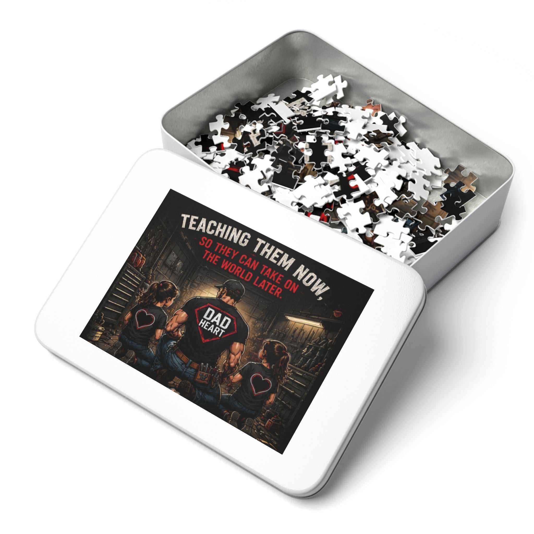 Dad Heart Jigsaw Puzzle with Tin — "Teaching Them Now, So They Can Take On The World Later" Gift