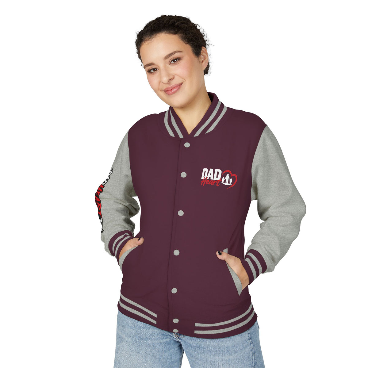 Letterman Jacket — 'Dad' Retro Heart Emblem & Gothic Family Crest Back Design