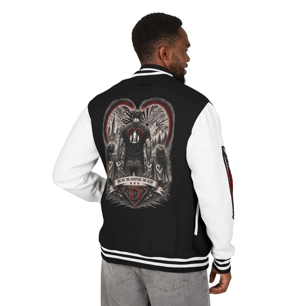 Letterman Jacket — 'Dad' Retro Heart Emblem & Gothic Family Crest Back Design