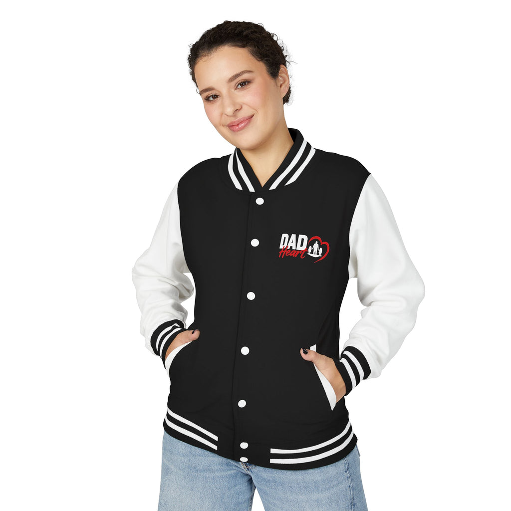 Letterman Jacket — 'Dad' Retro Heart Emblem & Gothic Family Crest Back Design