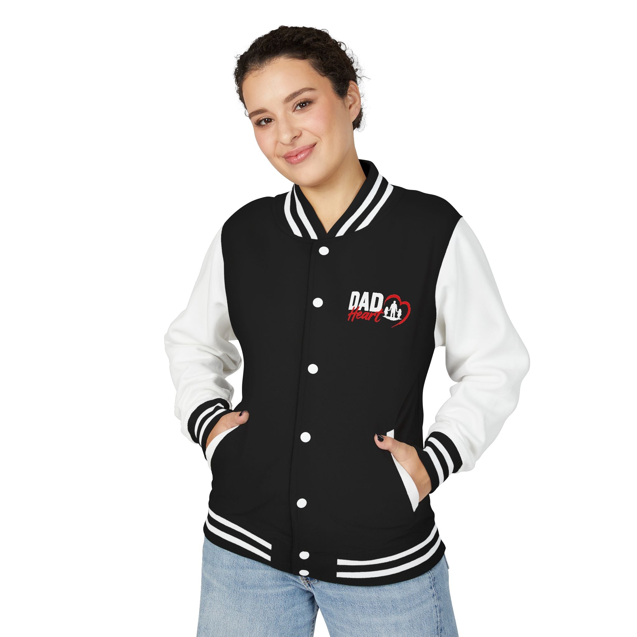 Letterman Jacket — 'Dad' Retro Heart Emblem & Gothic Family Crest Back Design
