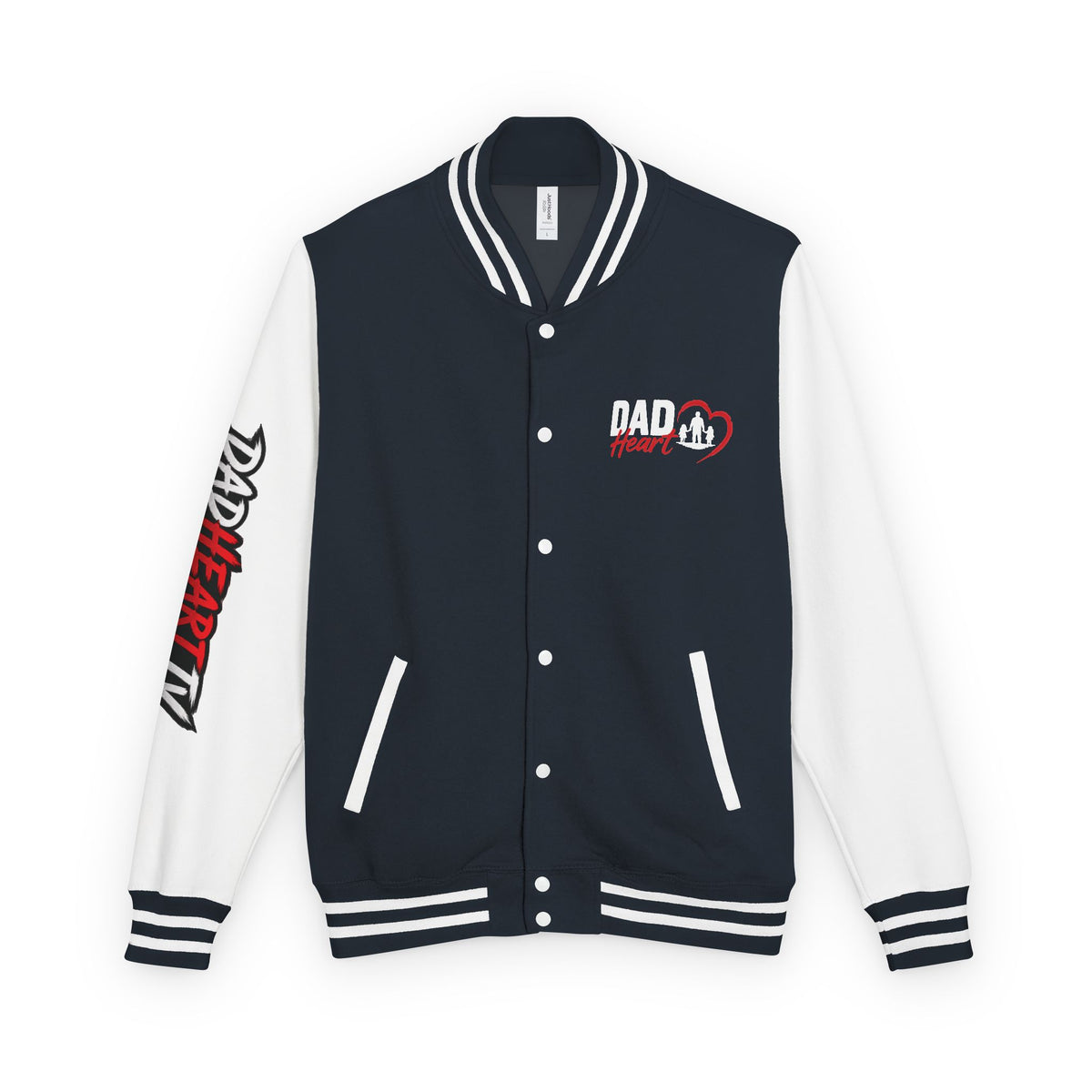 Letterman Jacket — 'Dad' Retro Heart Emblem & Gothic Family Crest Back Design