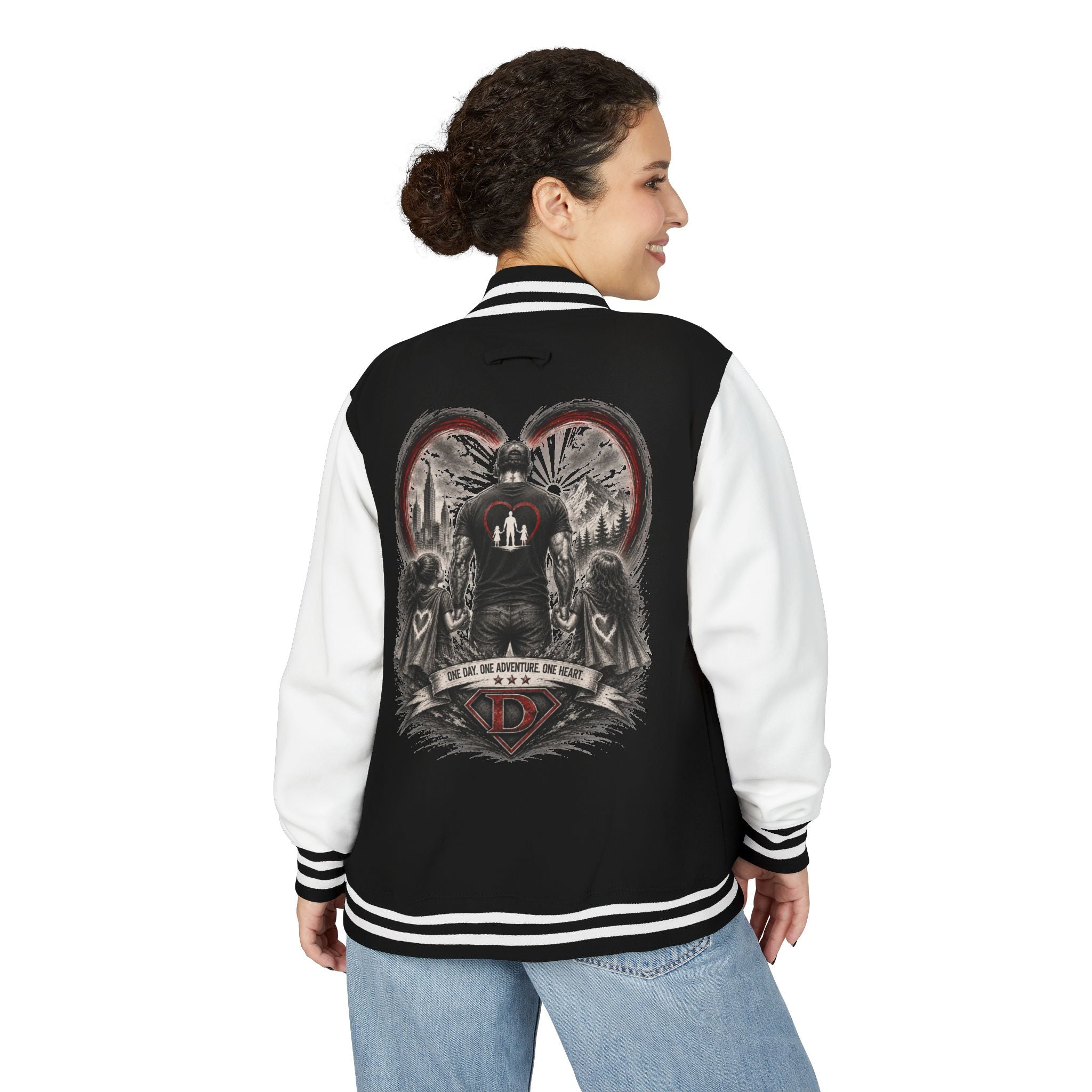 Letterman Jacket — 'Dad' Retro Heart Emblem & Gothic Family Crest Back Design