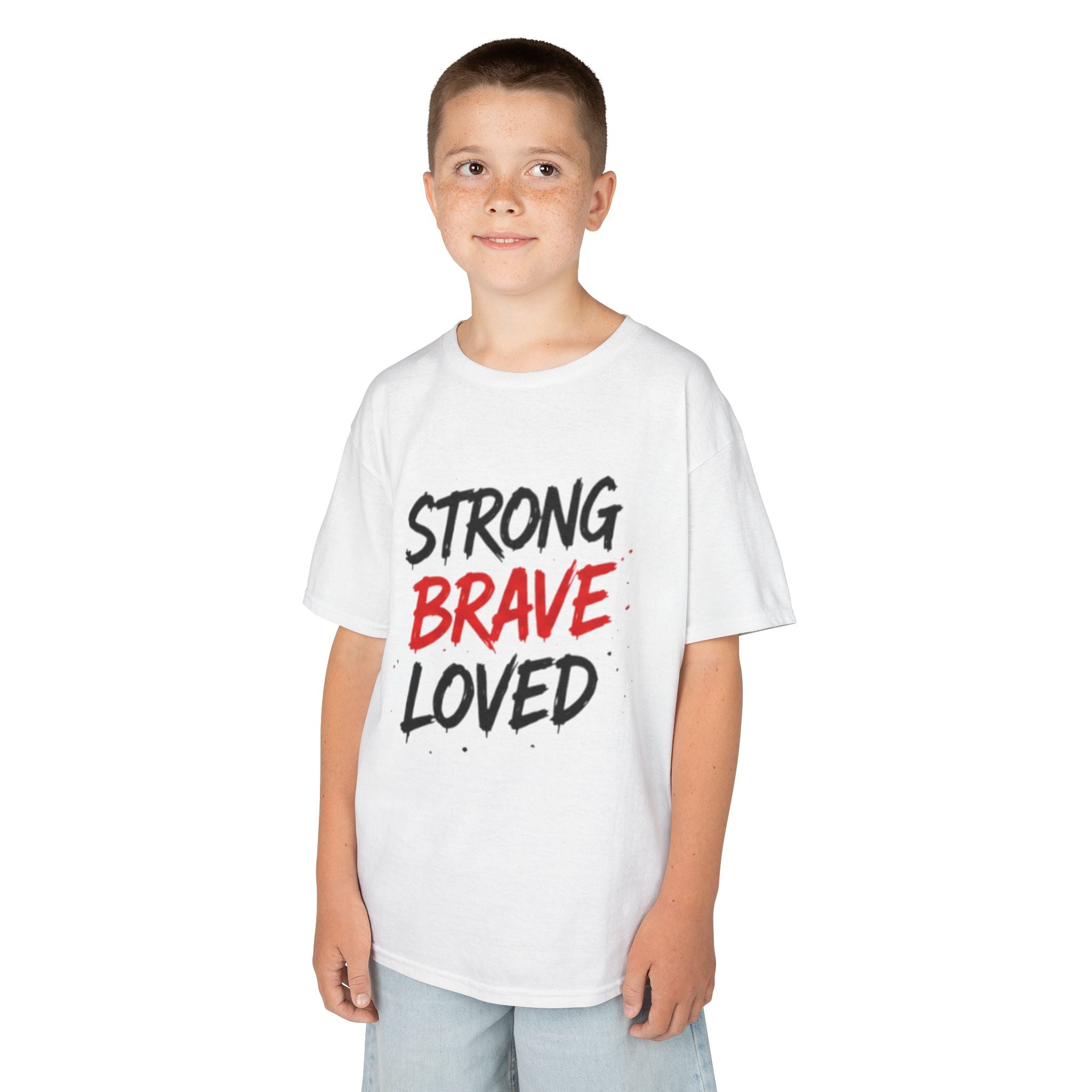 Kids Tee — "Strong Brave Loved" Front & "Future Legend" Superhero Back