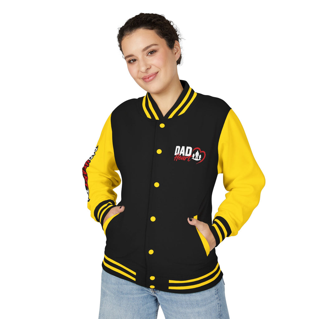 Letterman Jacket — 'Dad' Retro Heart Emblem & Gothic Family Crest Back Design