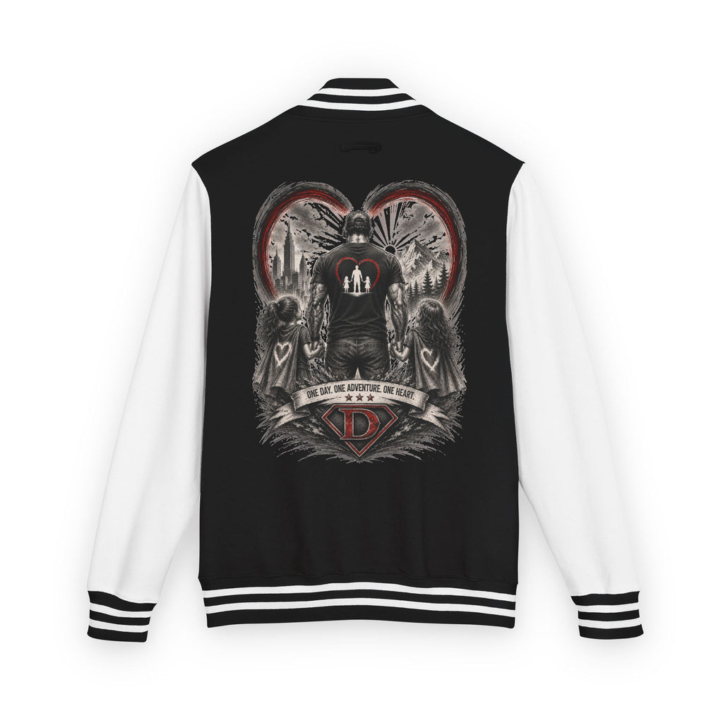 Letterman Jacket — 'Dad' Retro Heart Emblem & Gothic Family Crest Back Design