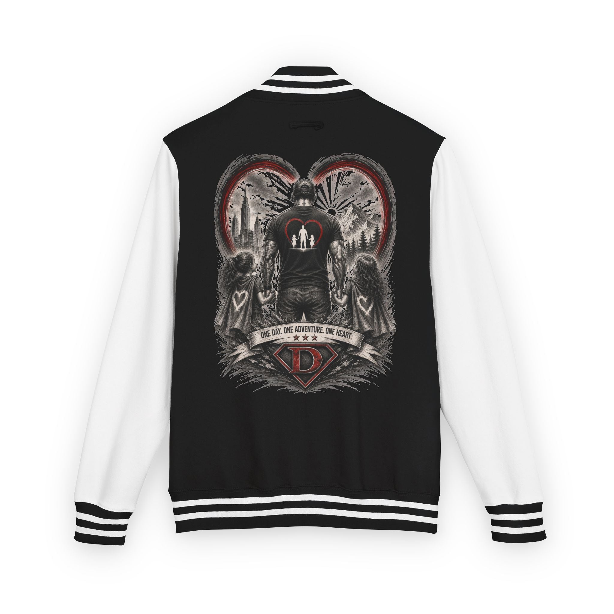 Letterman Jacket — 'Dad' Retro Heart Emblem & Gothic Family Crest Back Design