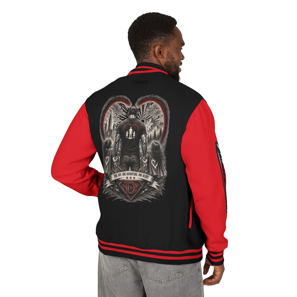 Letterman Jacket — 'Dad' Retro Heart Emblem & Gothic Family Crest Back Design