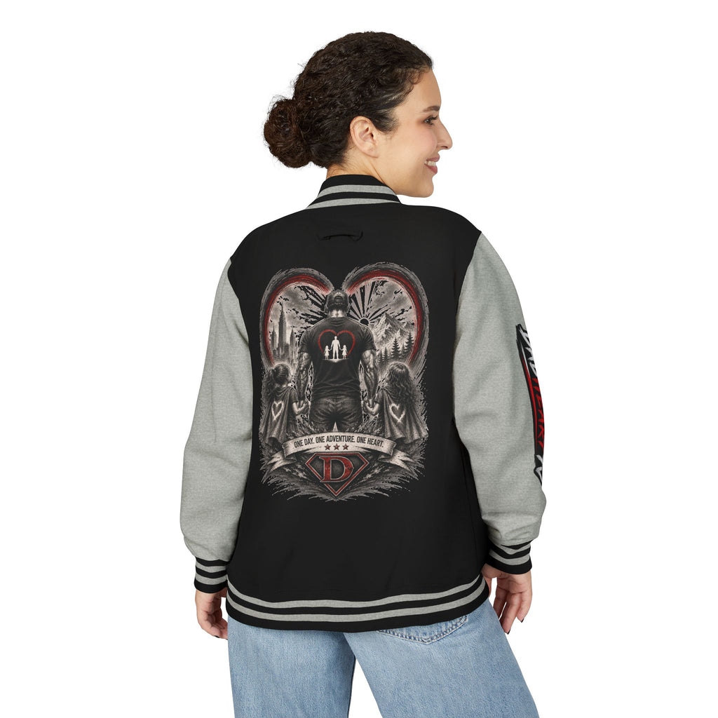 Letterman Jacket — 'Dad' Retro Heart Emblem & Gothic Family Crest Back Design