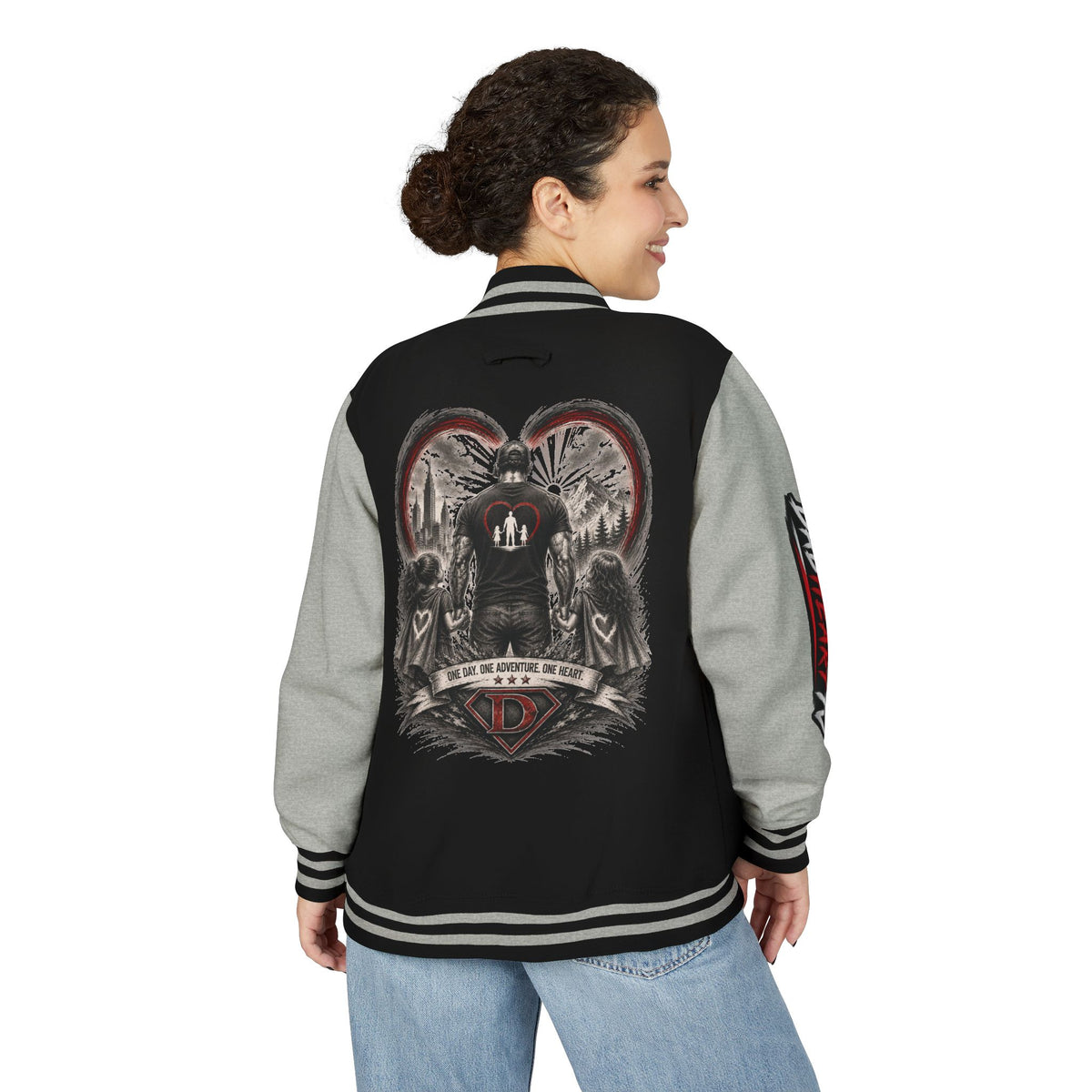 Letterman Jacket — 'Dad' Retro Heart Emblem & Gothic Family Crest Back Design