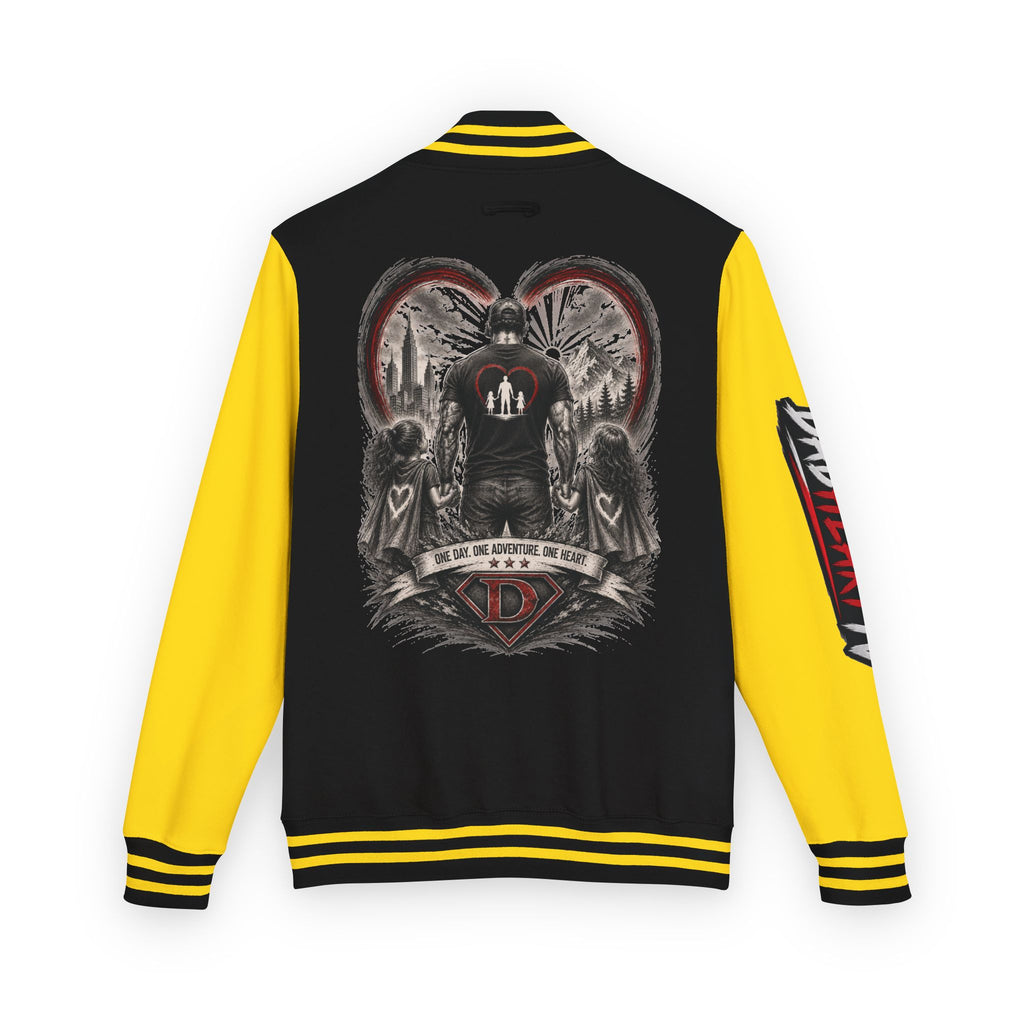 Letterman Jacket — 'Dad' Retro Heart Emblem & Gothic Family Crest Back Design