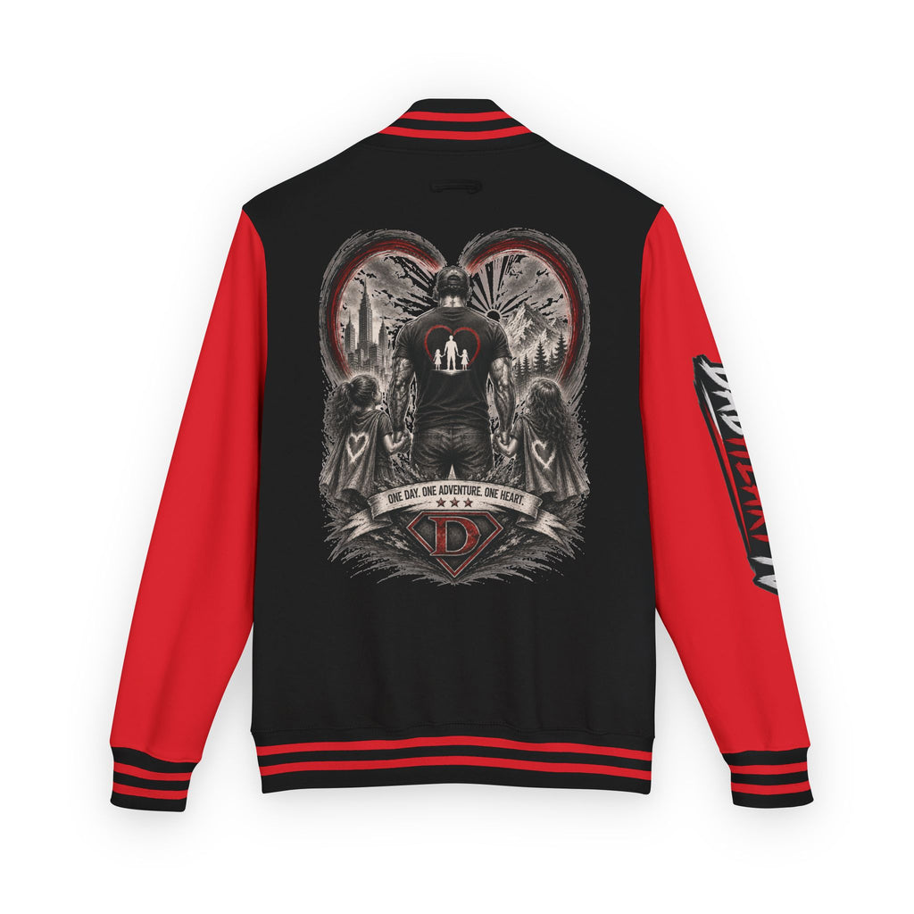 Letterman Jacket — 'Dad' Retro Heart Emblem & Gothic Family Crest Back Design