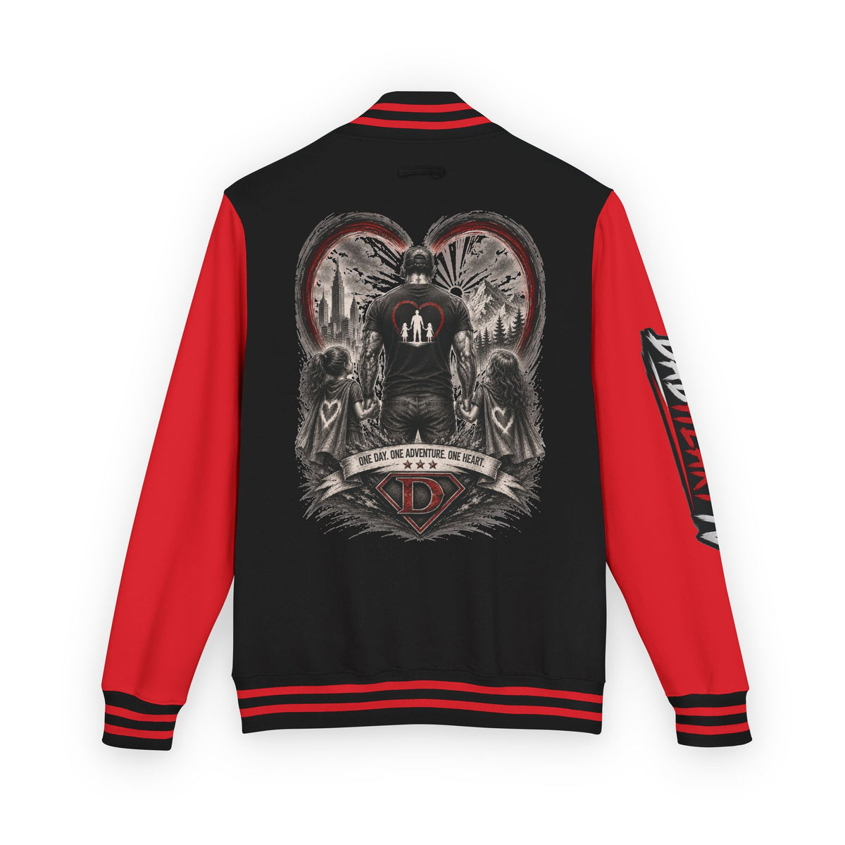 Letterman Jacket — 'Dad' Retro Heart Emblem & Gothic Family Crest Back Design