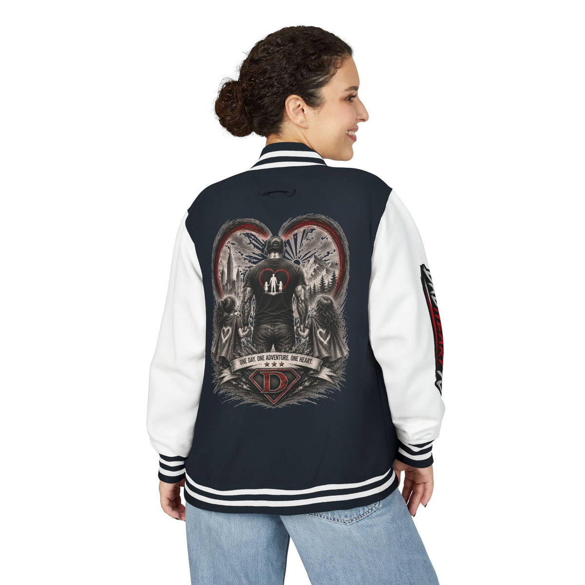 Letterman Jacket — 'Dad' Retro Heart Emblem & Gothic Family Crest Back Design