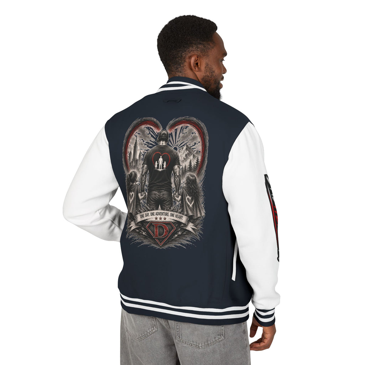 Letterman Jacket — 'Dad' Retro Heart Emblem & Gothic Family Crest Back Design