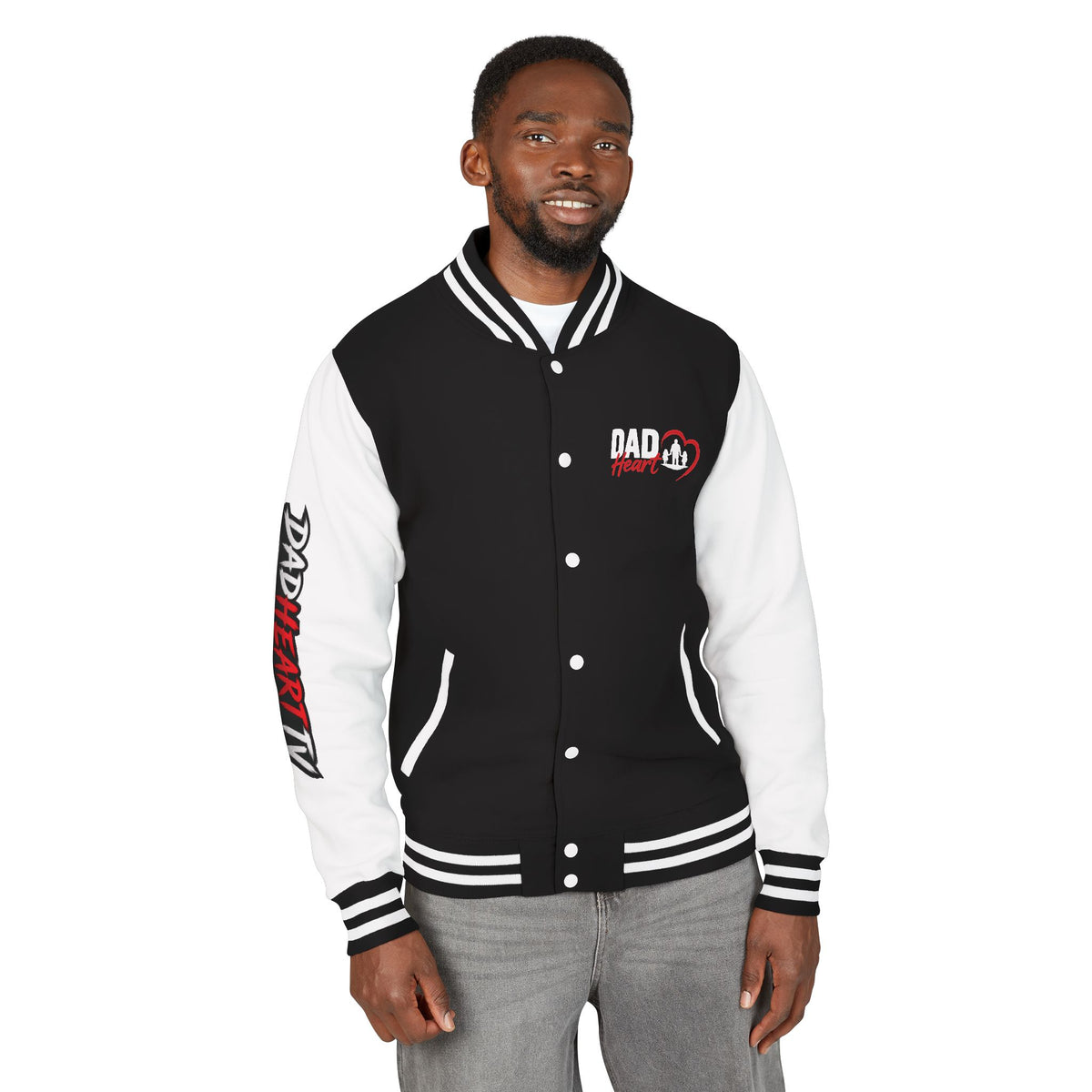 Letterman Jacket — 'Dad' Retro Heart Emblem & Gothic Family Crest Back Design
