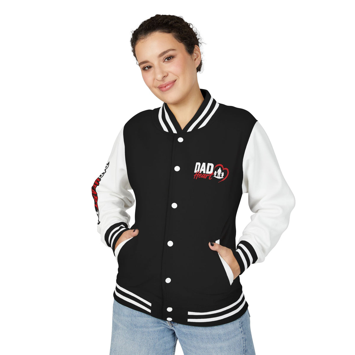 Letterman Jacket — 'Dad' Retro Heart Emblem & Gothic Family Crest Back Design