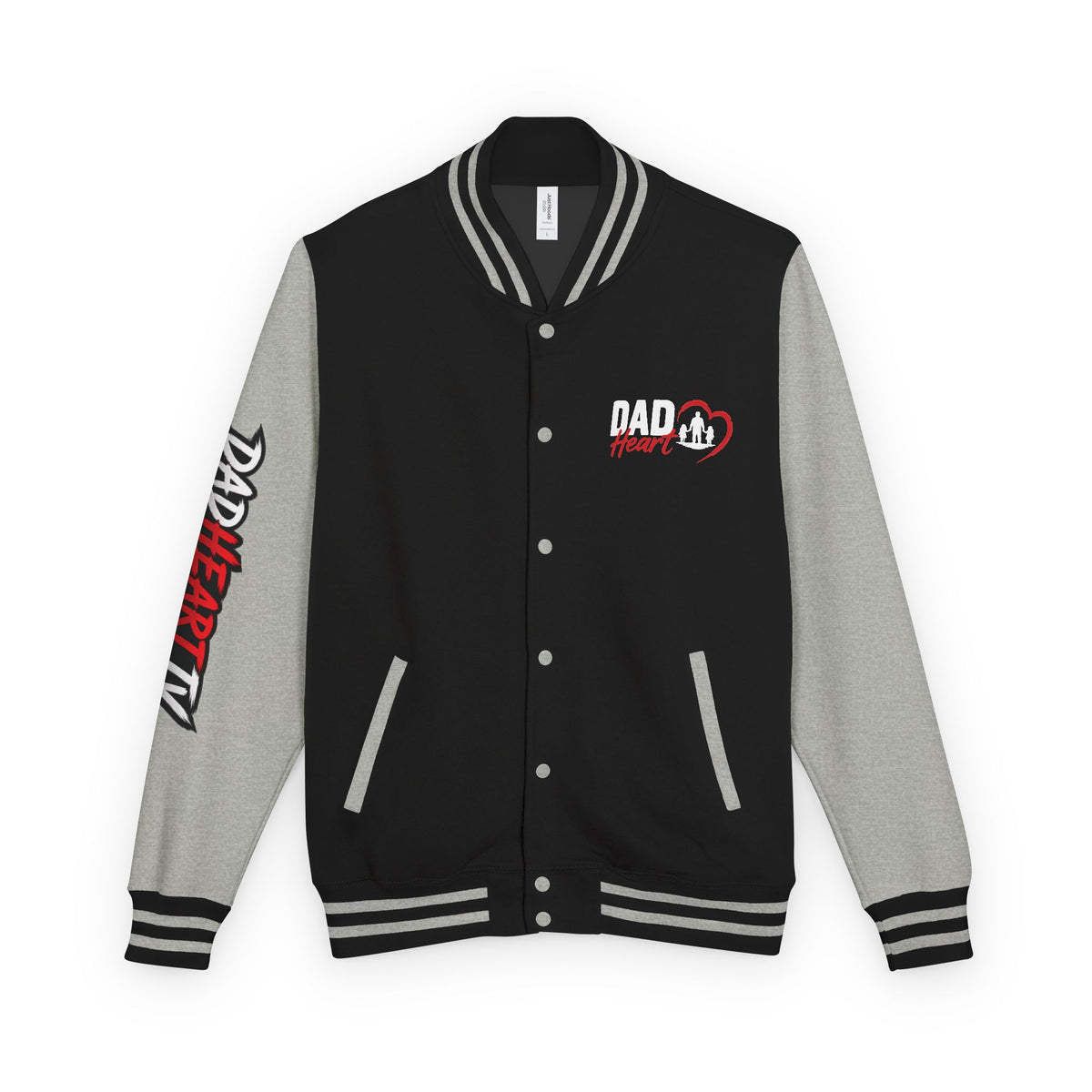 Letterman Jacket — 'Dad' Retro Heart Emblem & Gothic Family Crest Back Design