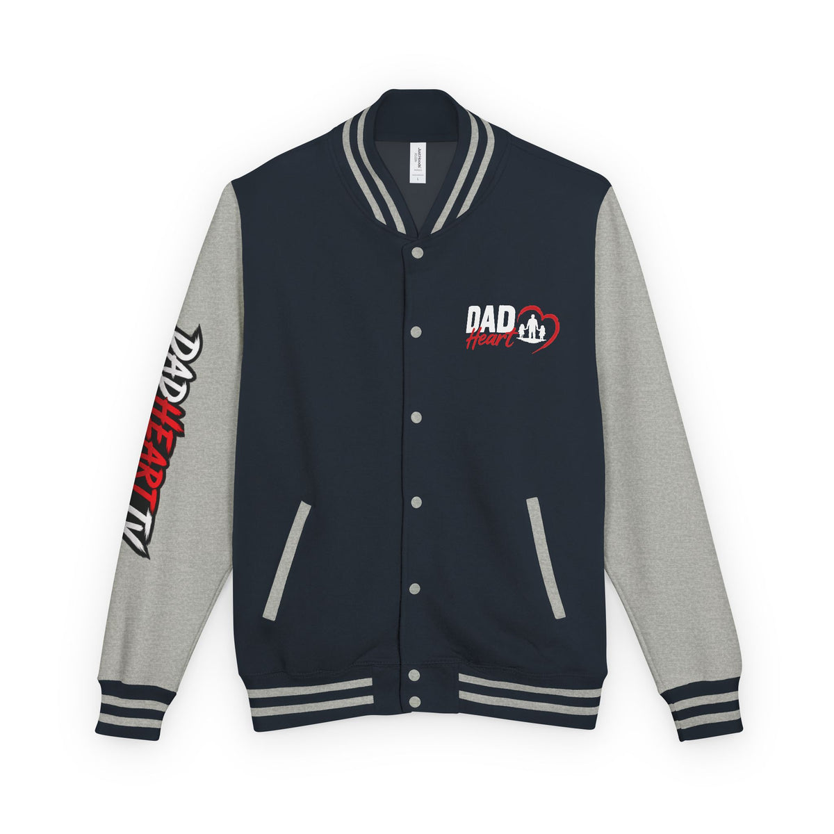 Letterman Jacket — 'Dad' Retro Heart Emblem & Gothic Family Crest Back Design