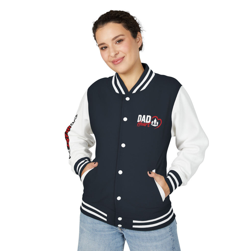 Letterman Jacket — 'Dad' Retro Heart Emblem & Gothic Family Crest Back Design