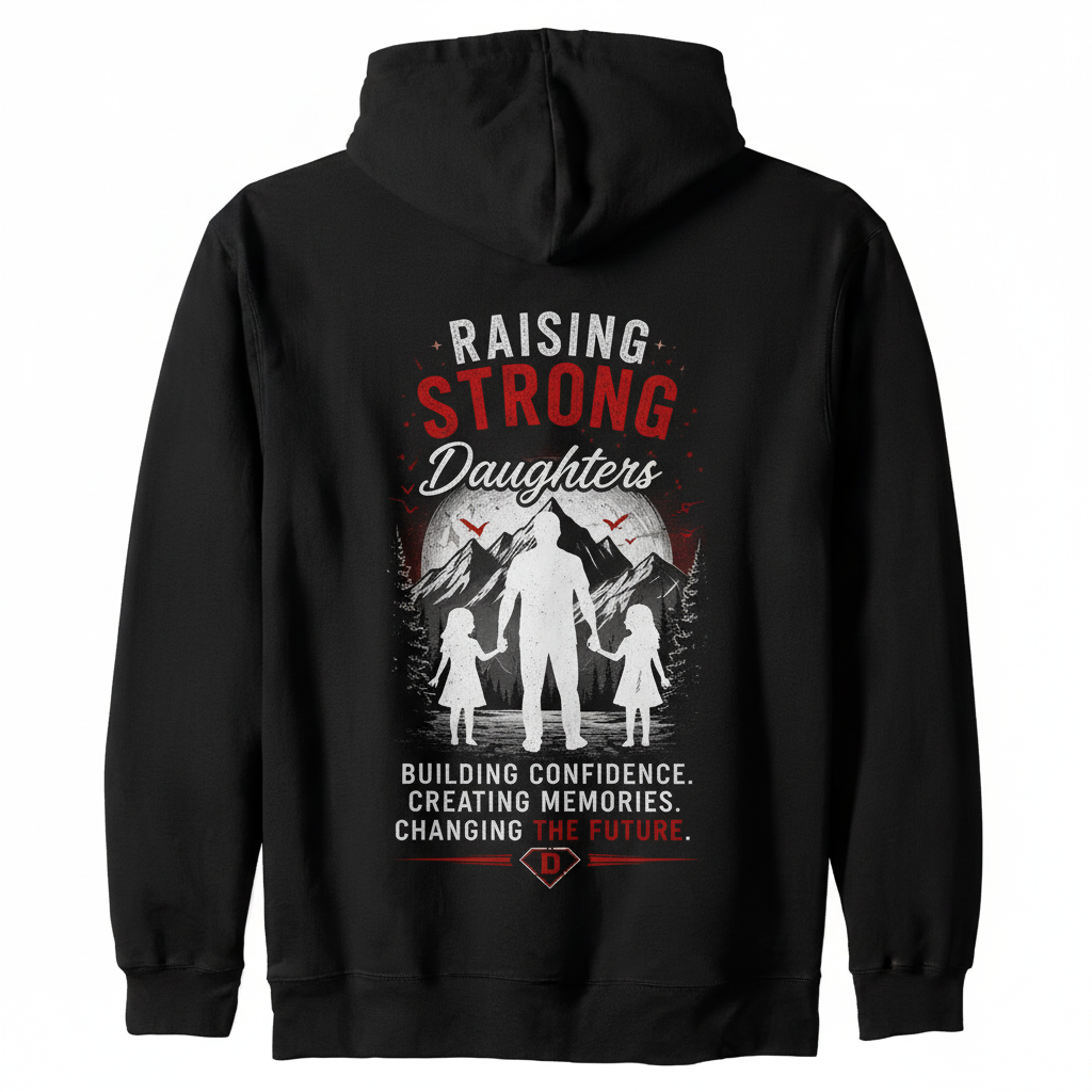 Black hoodie with Raising Strong Daughters back graphic
