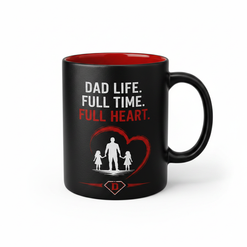 Black coffee mug with red interior and Dad Heart logo