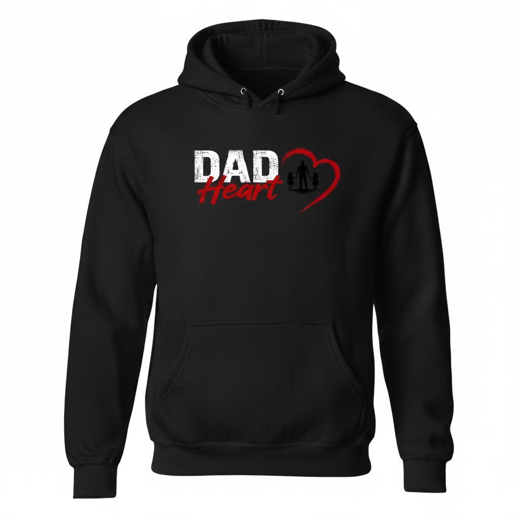 Black hoodie with small Dad Heart logo on left chest